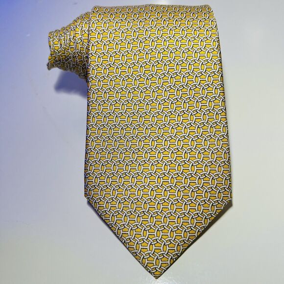 New w 🏷️ Genuine Hermes Yellow Silk Tie w White “H” Ring Design 59.5x3.75” - Picture 1 of 16
